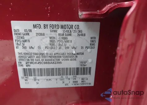 2008 Ford Edge Limited from USA, damaged, VIN 2FMDK49C98BA82395